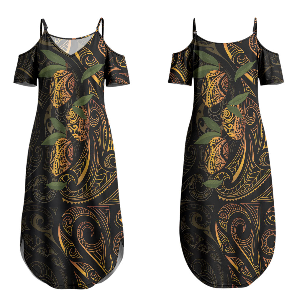 Hawaiian Mango Tribal Tattoo Couples Matching Summer Maxi Dress and Hawaiian Shirt Gold Pacific Traditional Pattern