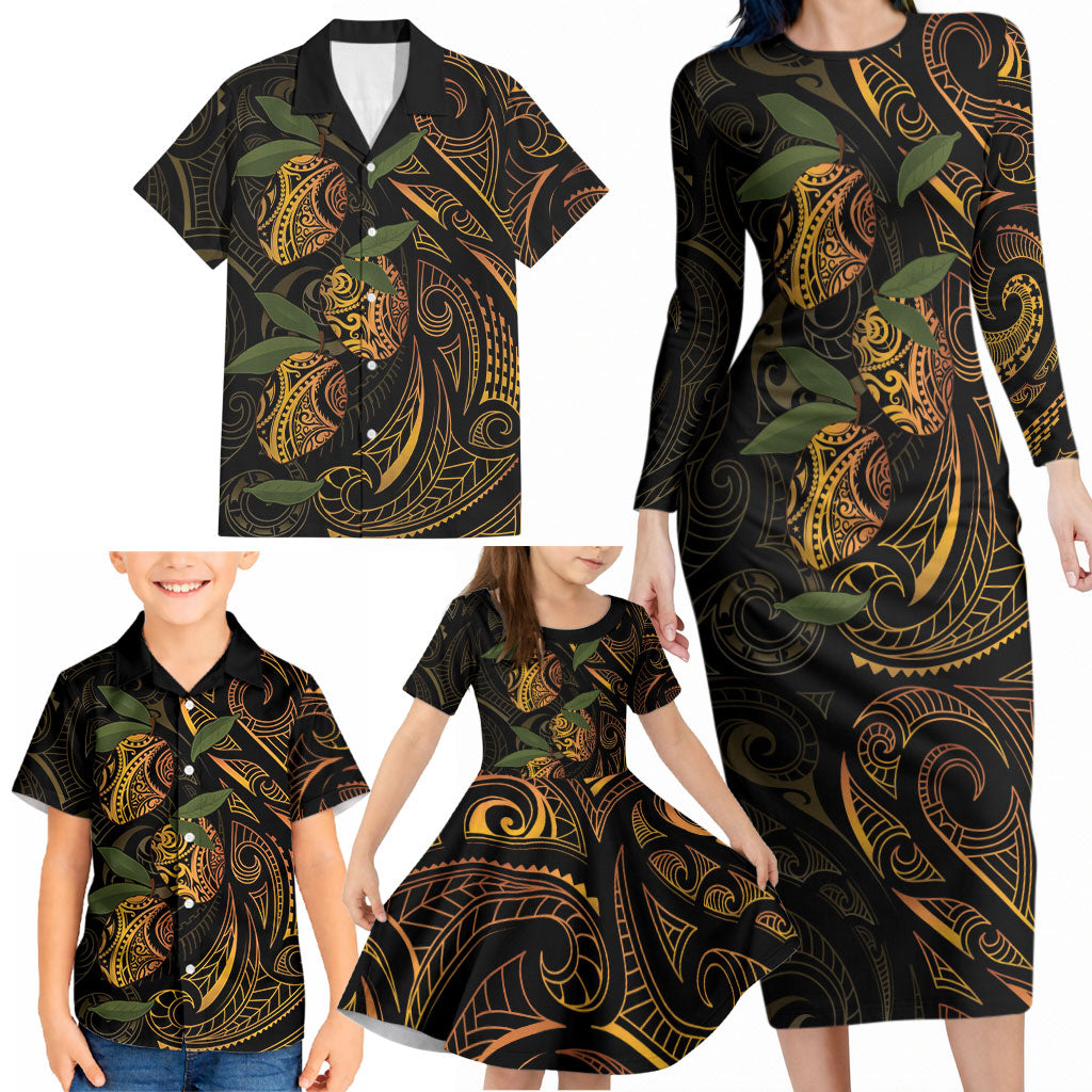 Hawaiian Mango Tribal Tattoo Family Matching Long Sleeve Bodycon Dress and Hawaiian Shirt Gold Pacific Traditional Pattern