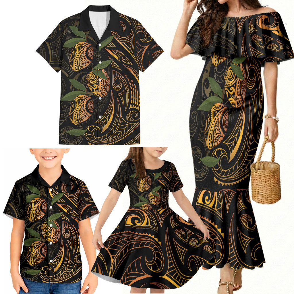 Hawaiian Mango Tribal Tattoo Family Matching Mermaid Dress and Hawaiian Shirt Gold Pacific Traditional Pattern