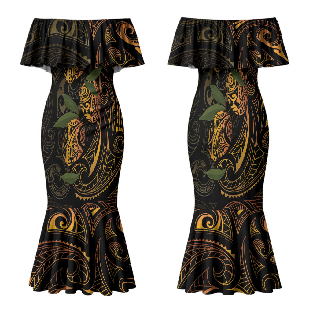 Hawaiian Mango Tribal Tattoo Family Matching Mermaid Dress and Hawaiian Shirt Gold Pacific Traditional Pattern