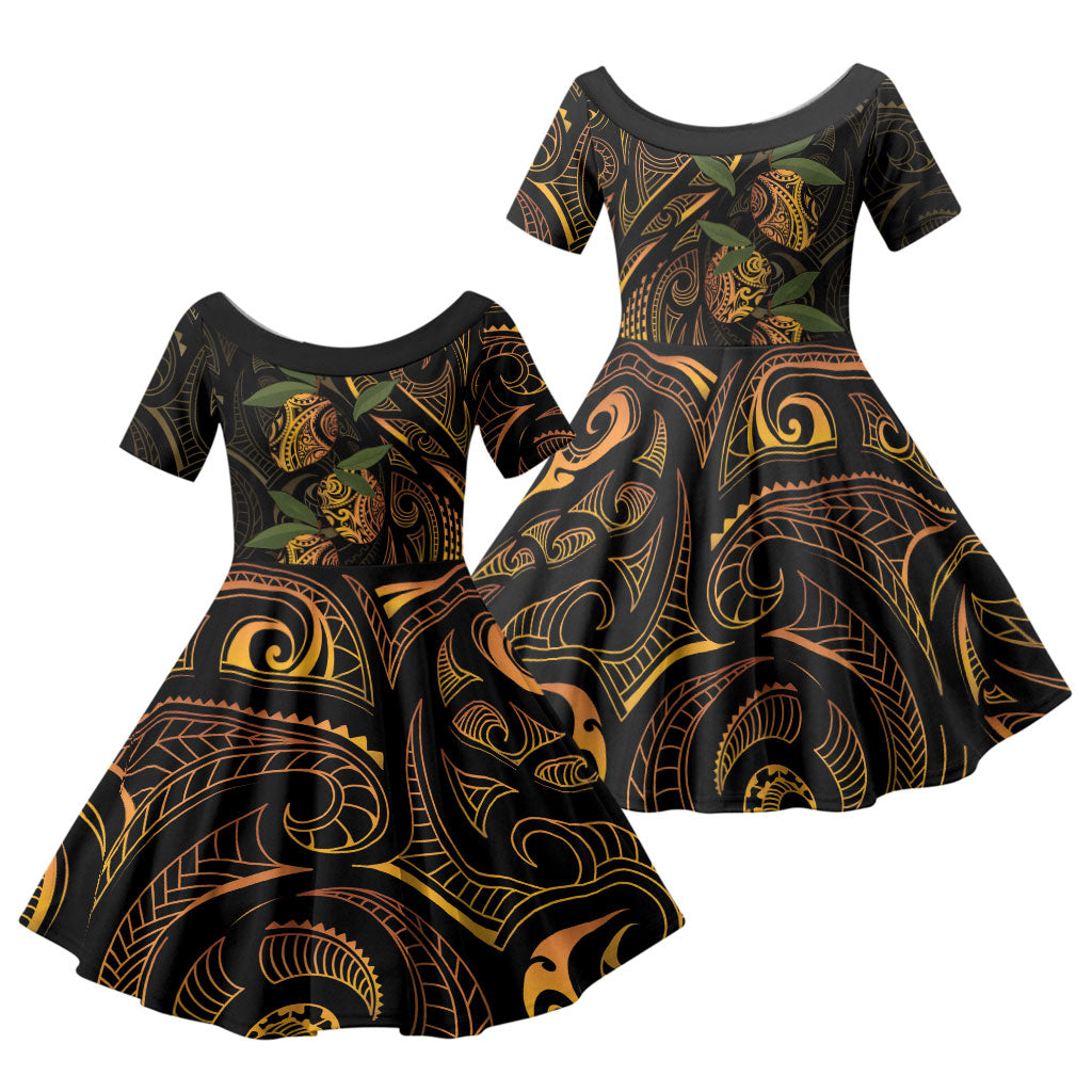 Hawaiian Mango Tribal Tattoo Family Matching Off Shoulder Maxi Dress and Hawaiian Shirt Gold Pacific Traditional Pattern