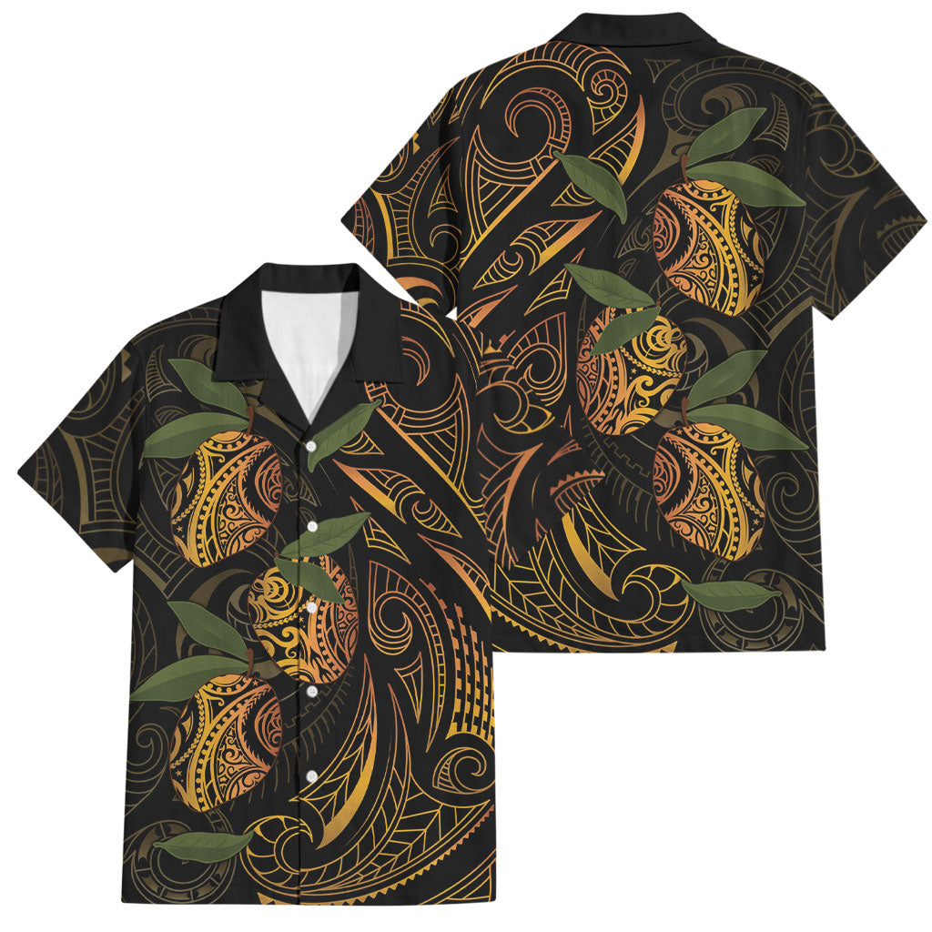 Hawaiian Mango Tribal Tattoo Family Matching Off Shoulder Short Dress and Hawaiian Shirt Gold Pacific Traditional Pattern