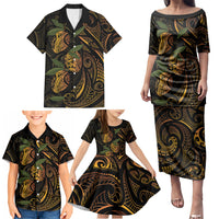 Hawaiian Mango Tribal Tattoo Family Matching Puletasi and Hawaiian Shirt Gold Pacific Traditional Pattern