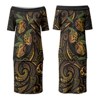 Hawaiian Mango Tribal Tattoo Family Matching Puletasi and Hawaiian Shirt Gold Pacific Traditional Pattern