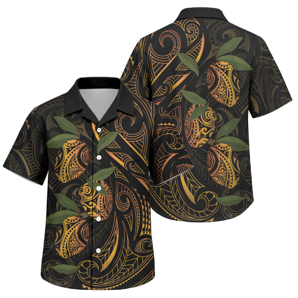 Hawaiian Mango Tribal Tattoo Family Matching Short Sleeve Bodycon Dress and Hawaiian Shirt Gold Pacific Traditional Pattern