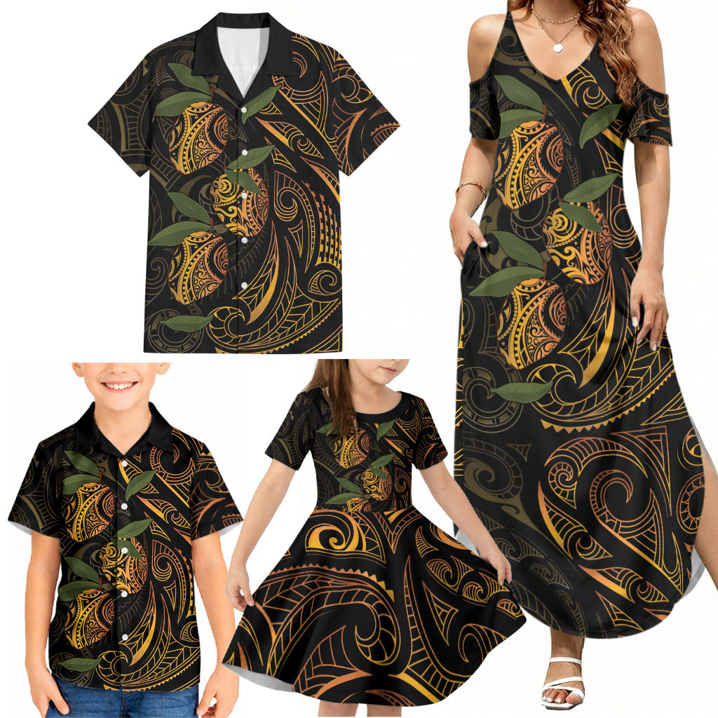 Hawaiian Mango Tribal Tattoo Family Matching Summer Maxi Dress and Hawaiian Shirt Gold Pacific Traditional Pattern