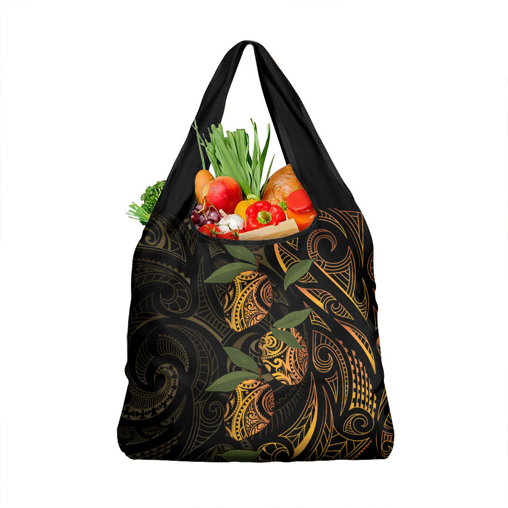 Hawaiian Mango Tribal Tattoo Grocery Bag Gold Pacific Traditional Pattern