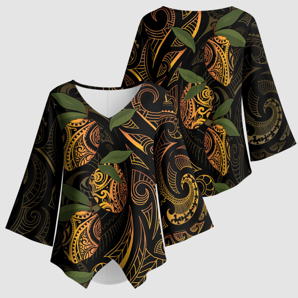 Hawaiian Mango Tribal Tattoo Kimono Sleeve Blouse Gold Pacific Traditional Pattern