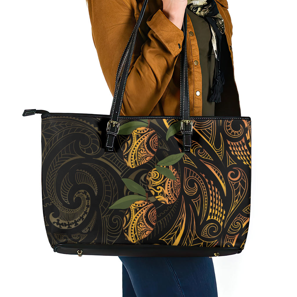 Hawaiian Mango Tribal Tattoo Leather Tote Bag Gold Pacific Traditional Pattern