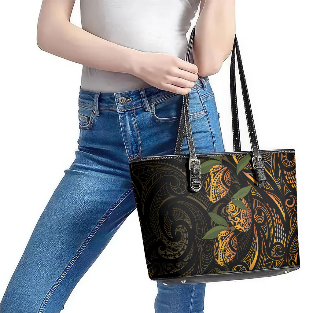 Hawaiian Mango Tribal Tattoo Leather Tote Bag Gold Pacific Traditional Pattern