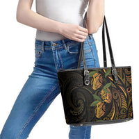 Hawaiian Mango Tribal Tattoo Leather Tote Bag Gold Pacific Traditional Pattern