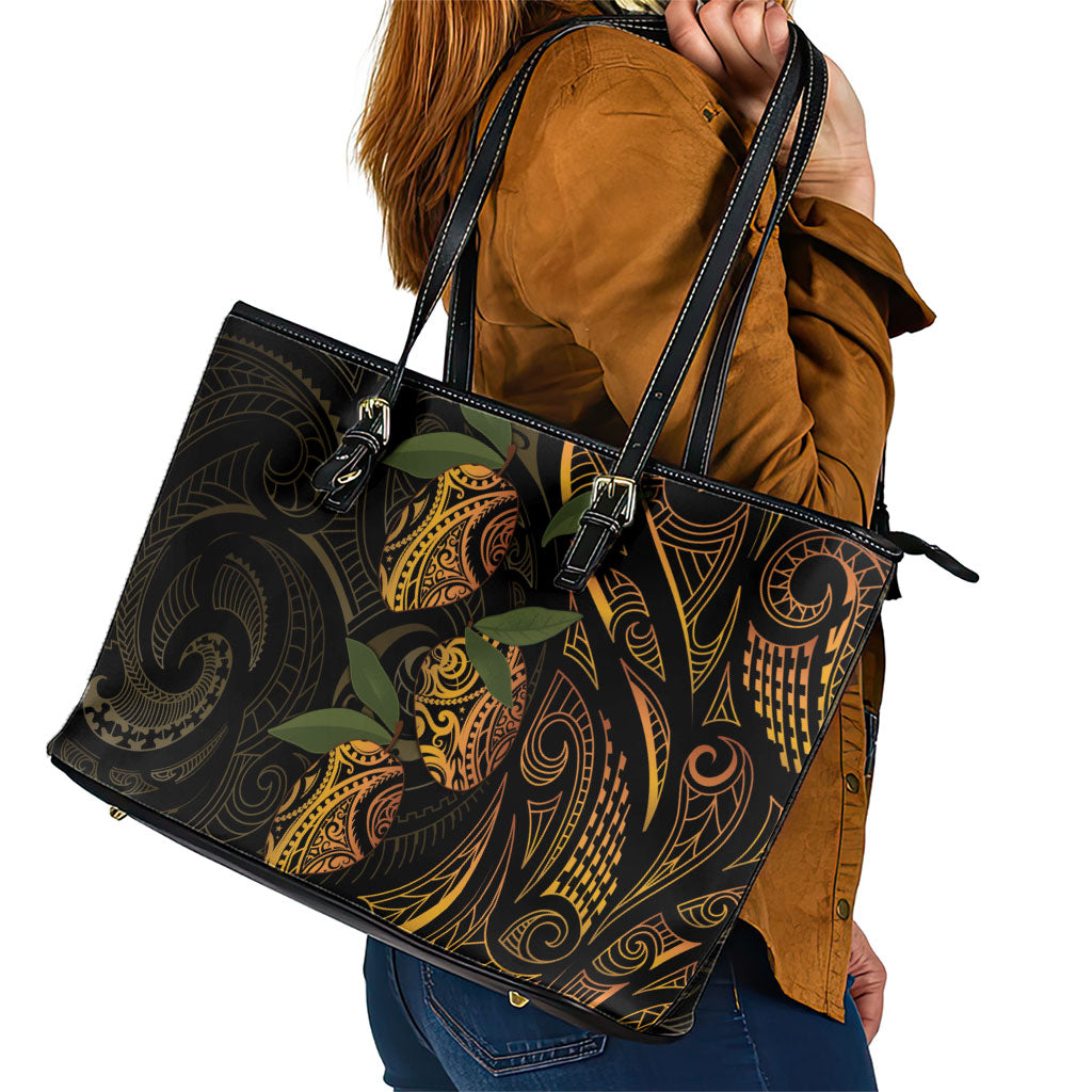 Hawaiian Mango Tribal Tattoo Leather Tote Bag Gold Pacific Traditional Pattern