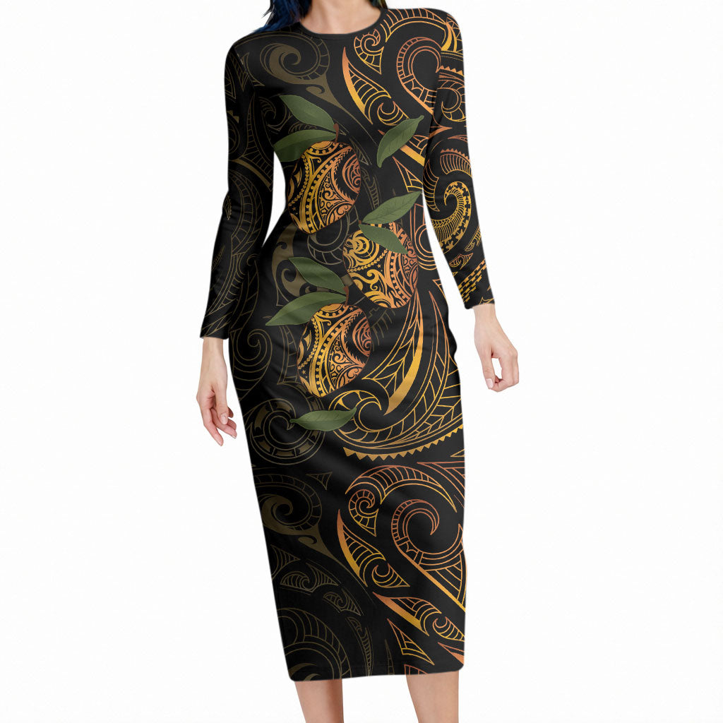 Hawaiian Mango Tribal Tattoo Long Sleeve Bodycon Dress Gold Pacific Traditional Pattern