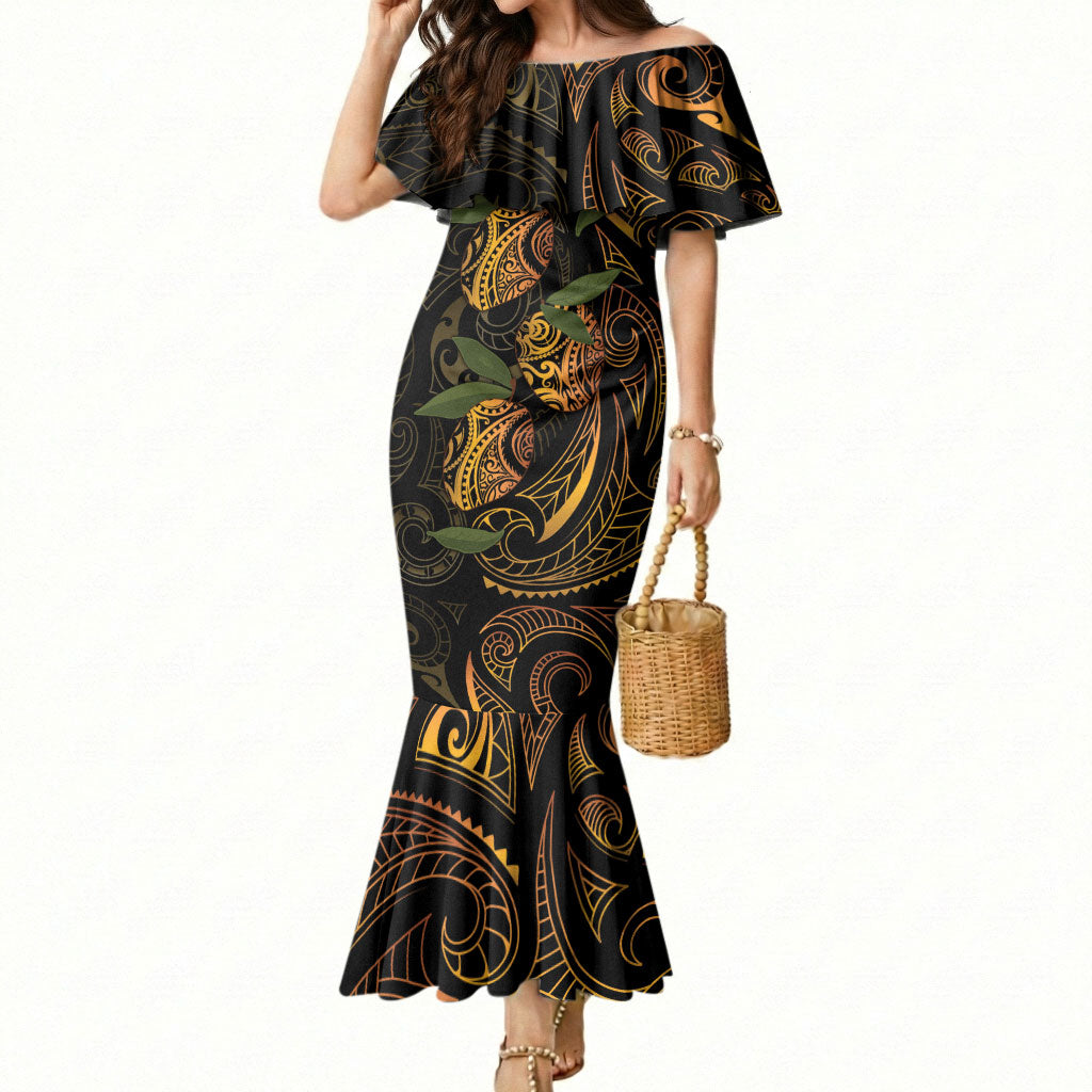 Hawaiian Mango Tribal Tattoo Mermaid Dress Gold Pacific Traditional Pattern