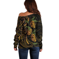 Hawaiian Mango Tribal Tattoo Off Shoulder Sweater Gold Pacific Traditional Pattern