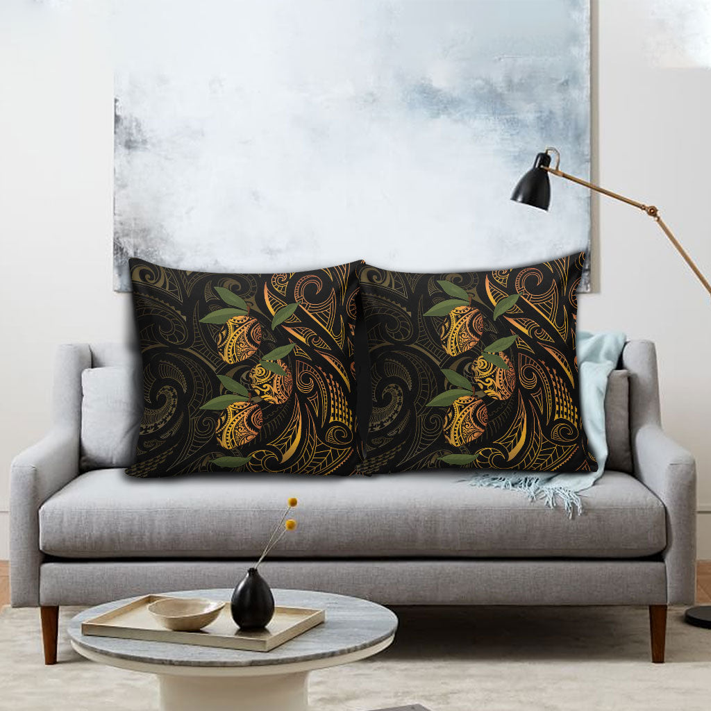 Hawaiian Mango Tribal Tattoo Pillow Cover Gold Pacific Traditional Pattern