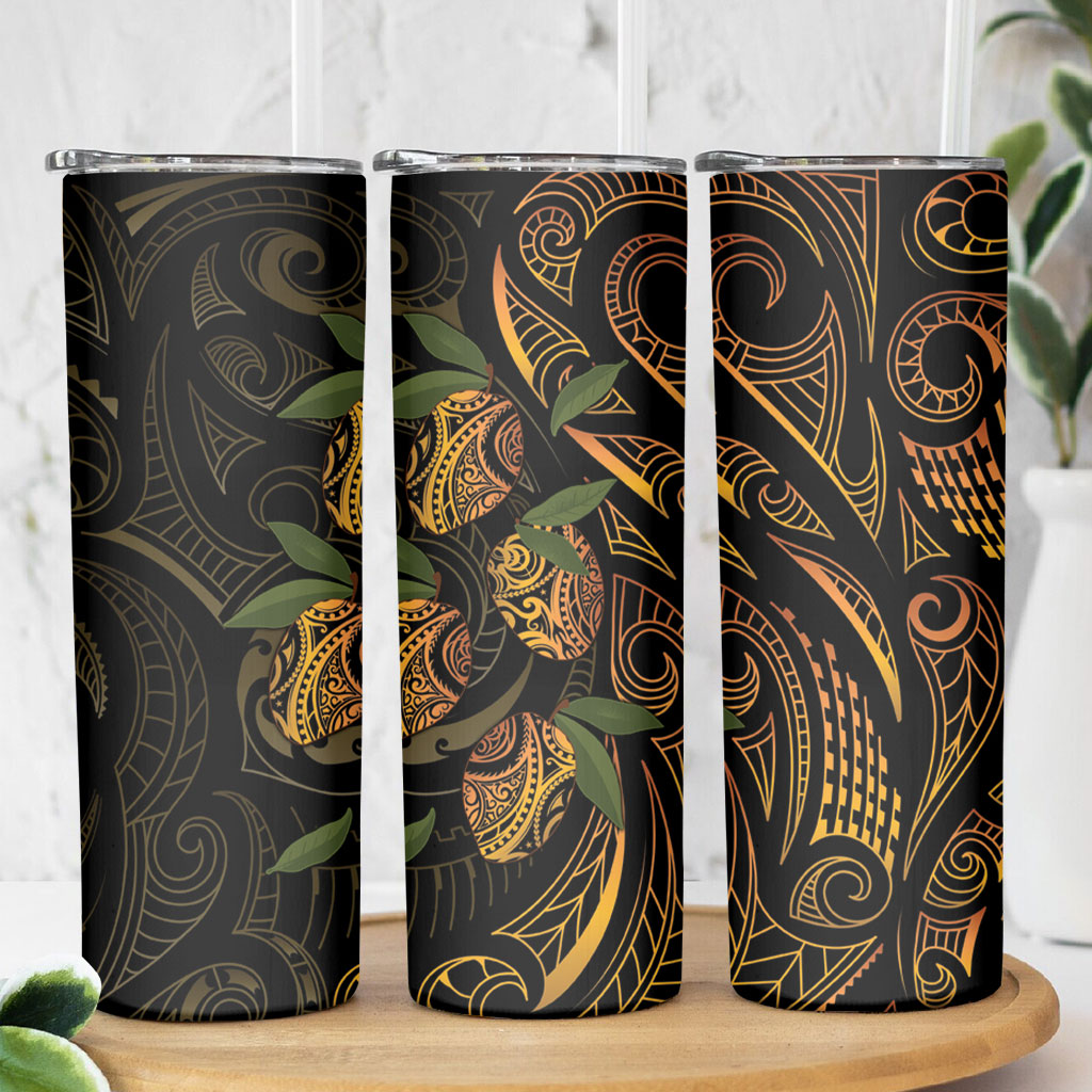 Hawaiian Mango Tribal Tattoo Skinny Tumbler Gold Pacific Traditional Pattern