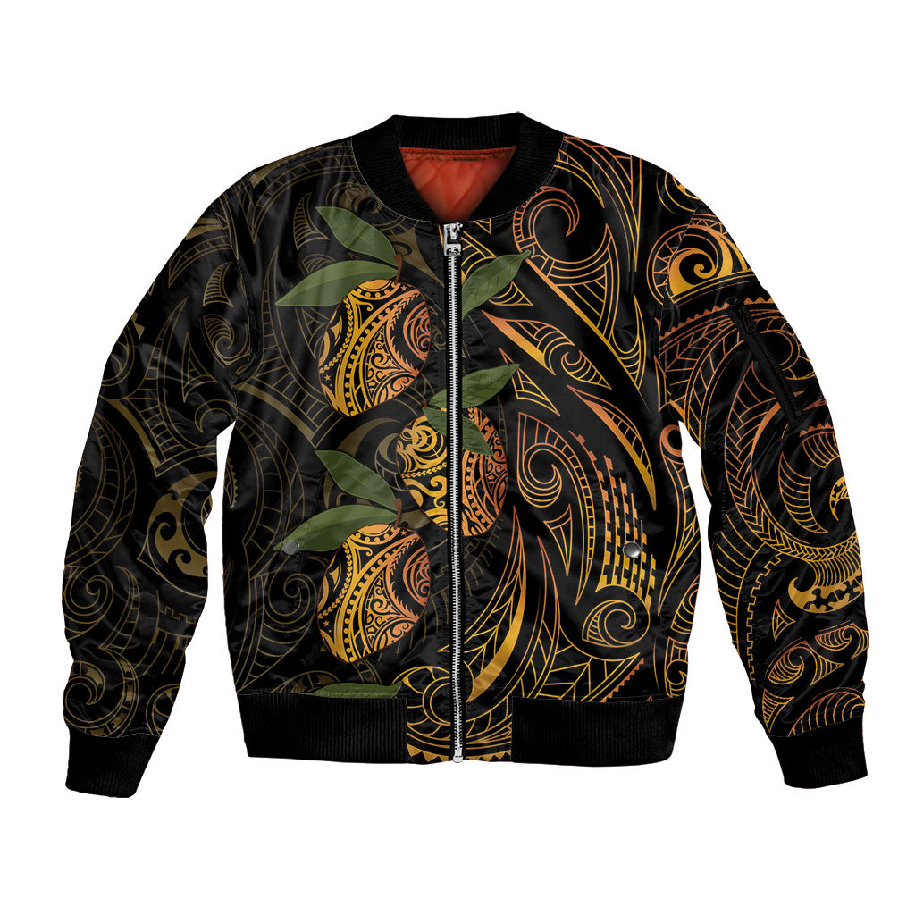Hawaiian Mango Tribal Tattoo Sleeve Zip Bomber Jacket Gold Pacific Traditional Pattern