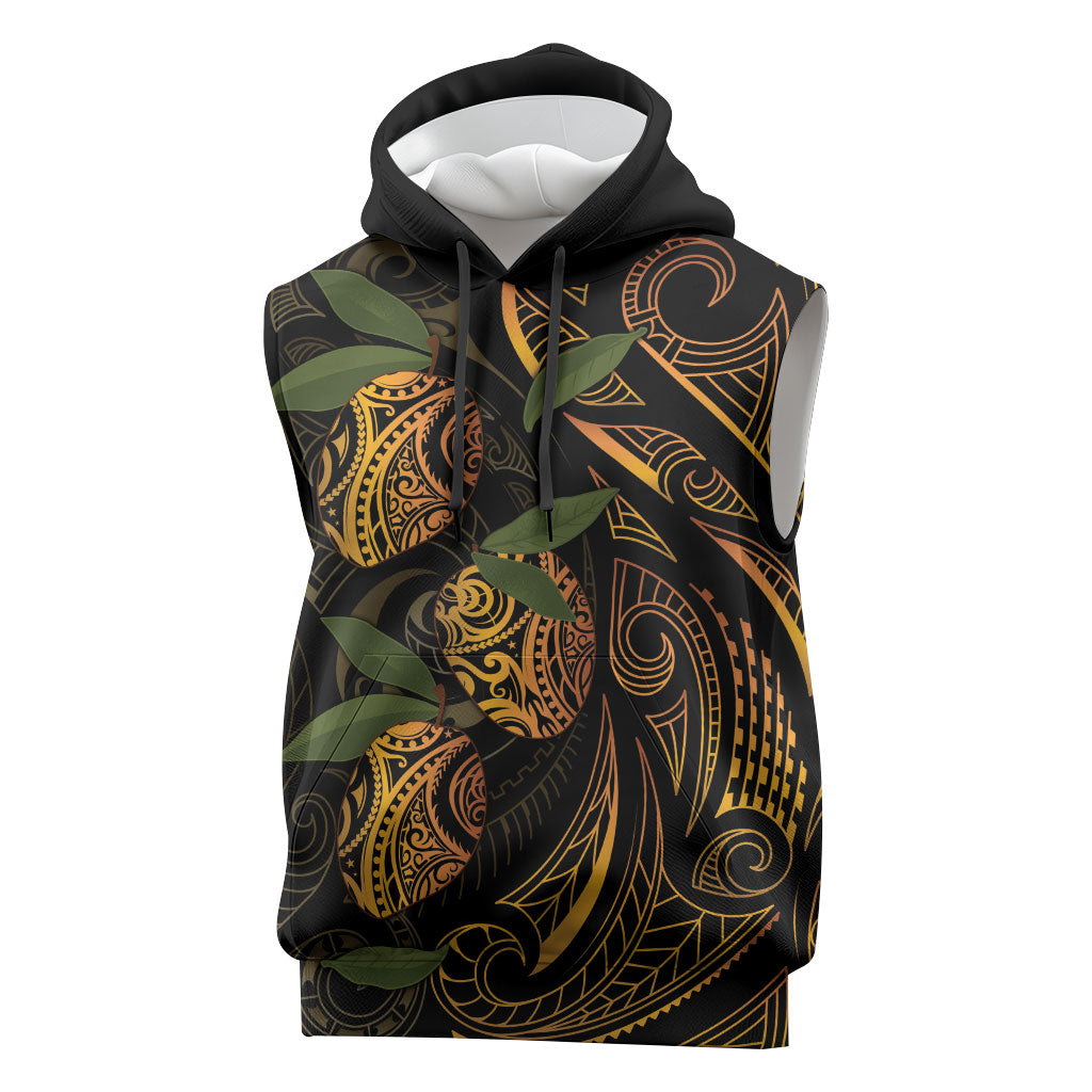 Hawaiian Mango Tribal Tattoo Sleeveless Hoodie Gold Pacific Traditional Pattern