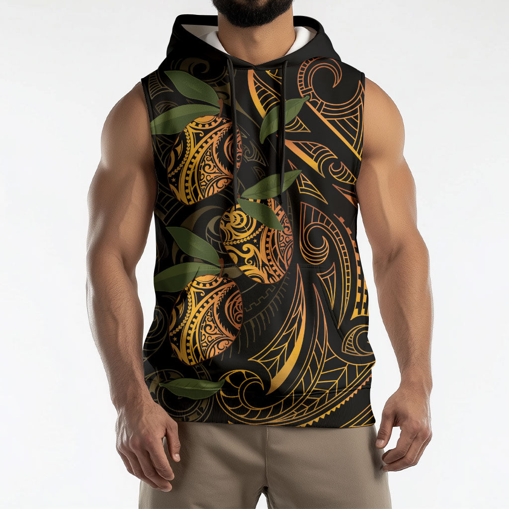 Hawaiian Mango Tribal Tattoo Sleeveless Hoodie Gold Pacific Traditional Pattern