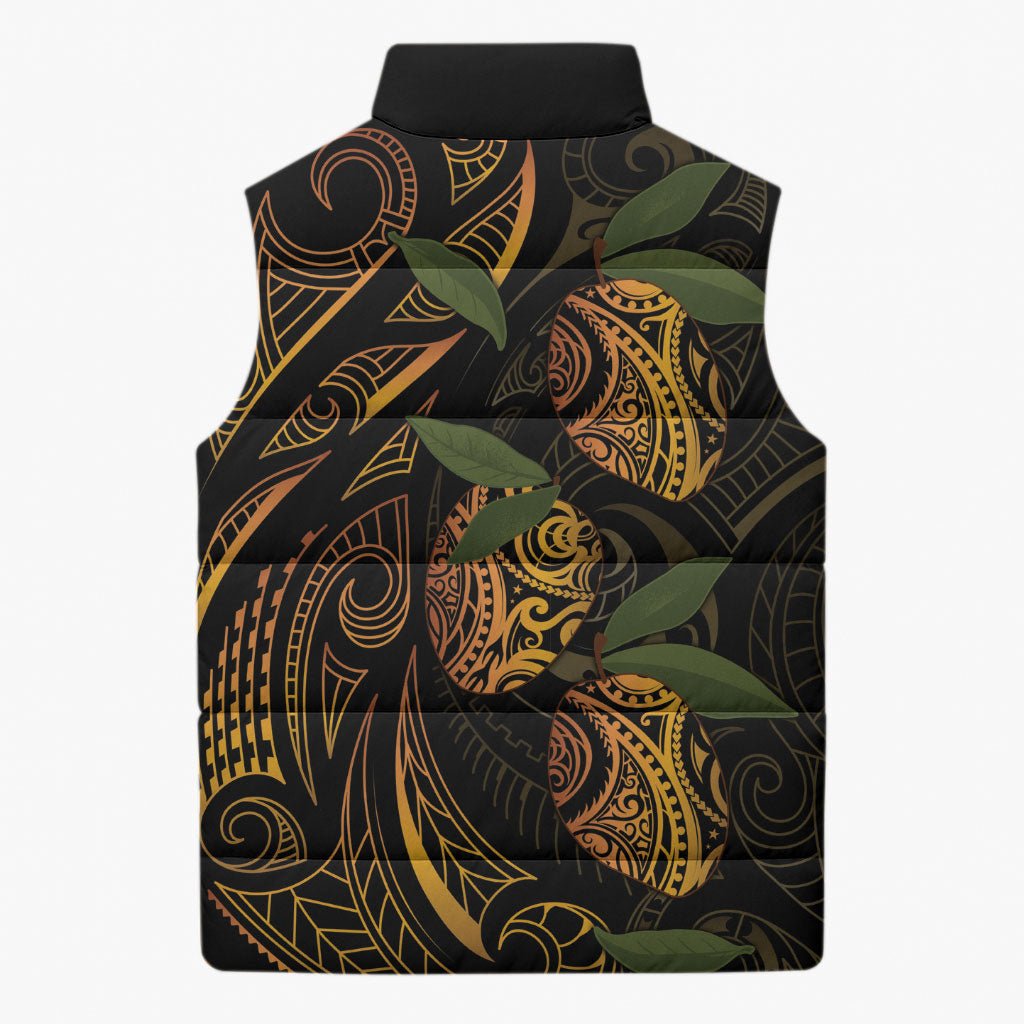 Hawaiian Mango Tribal Tattoo Sleeveless Puffer Jacket Gold Pacific Traditional Pattern