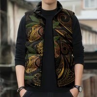Hawaiian Mango Tribal Tattoo Sleeveless Puffer Jacket Gold Pacific Traditional Pattern