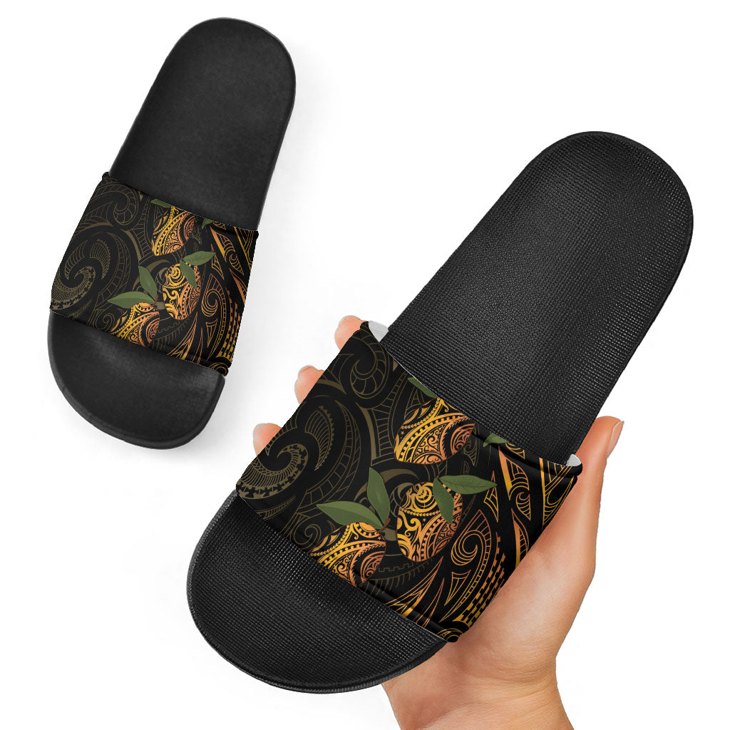 Hawaiian Mango Tribal Tattoo Slide Sandals Gold Pacific Traditional Pattern