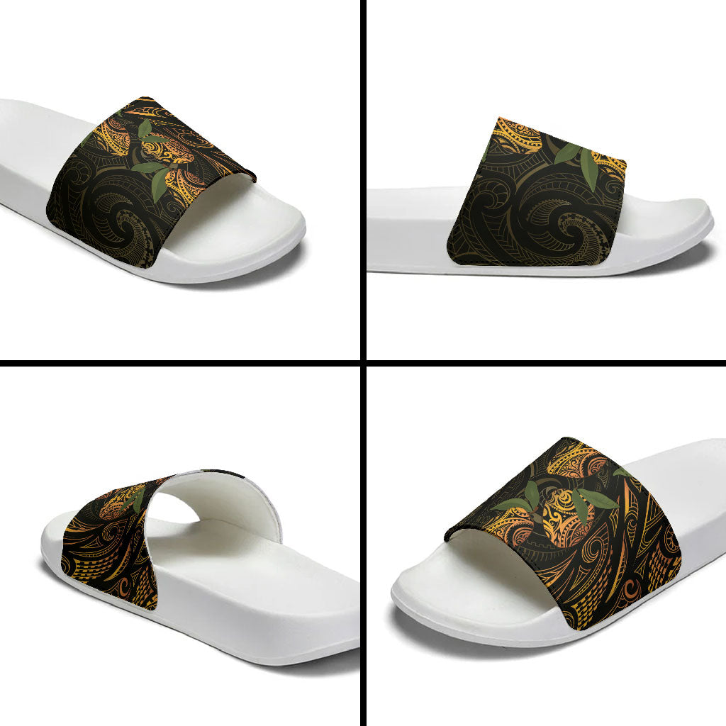 Hawaiian Mango Tribal Tattoo Slide Sandals Gold Pacific Traditional Pattern