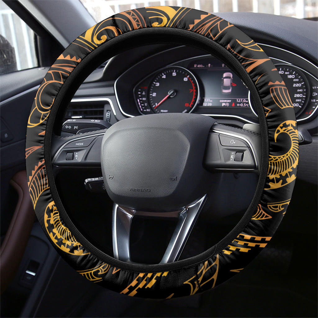 Hawaiian Mango Tribal Tattoo Steering Wheel Cover Gold Pacific Traditional Pattern