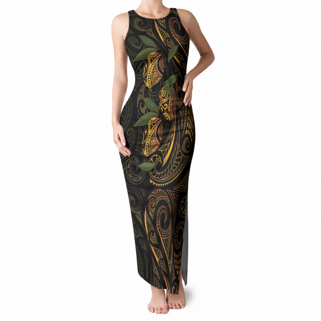Hawaiian Mango Tribal Tattoo Tank Maxi Dress Gold Pacific Traditional Pattern