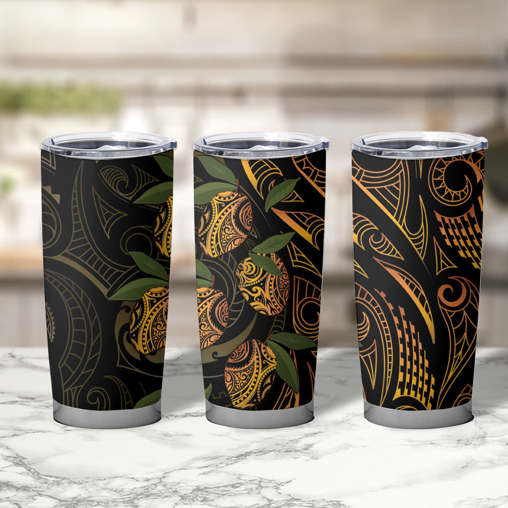 Hawaiian Mango Tribal Tattoo Tumbler Cup Gold Pacific Traditional Pattern