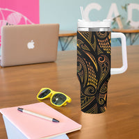 Hawaiian Mango Tribal Tattoo Tumbler With Handle Gold Pacific Traditional Pattern