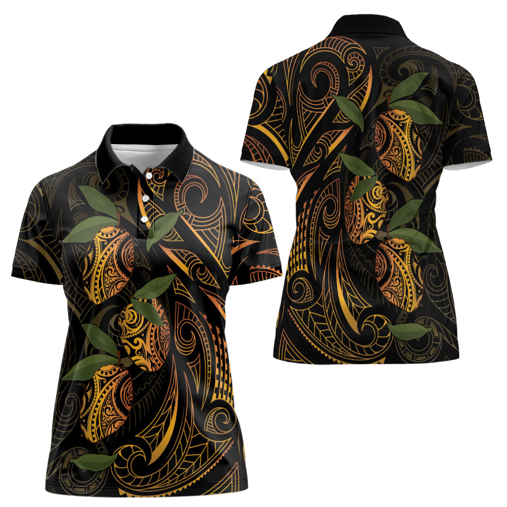 Hawaiian Mango Tribal Tattoo Women Polo Shirt Gold Pacific Traditional Pattern