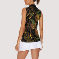 Hawaiian Mango Tribal Tattoo Women Sleeveless Polo Shirt Gold Pacific Traditional Pattern