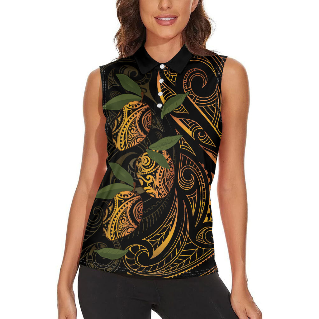 Hawaiian Mango Tribal Tattoo Women Sleeveless Polo Shirt Gold Pacific Traditional Pattern