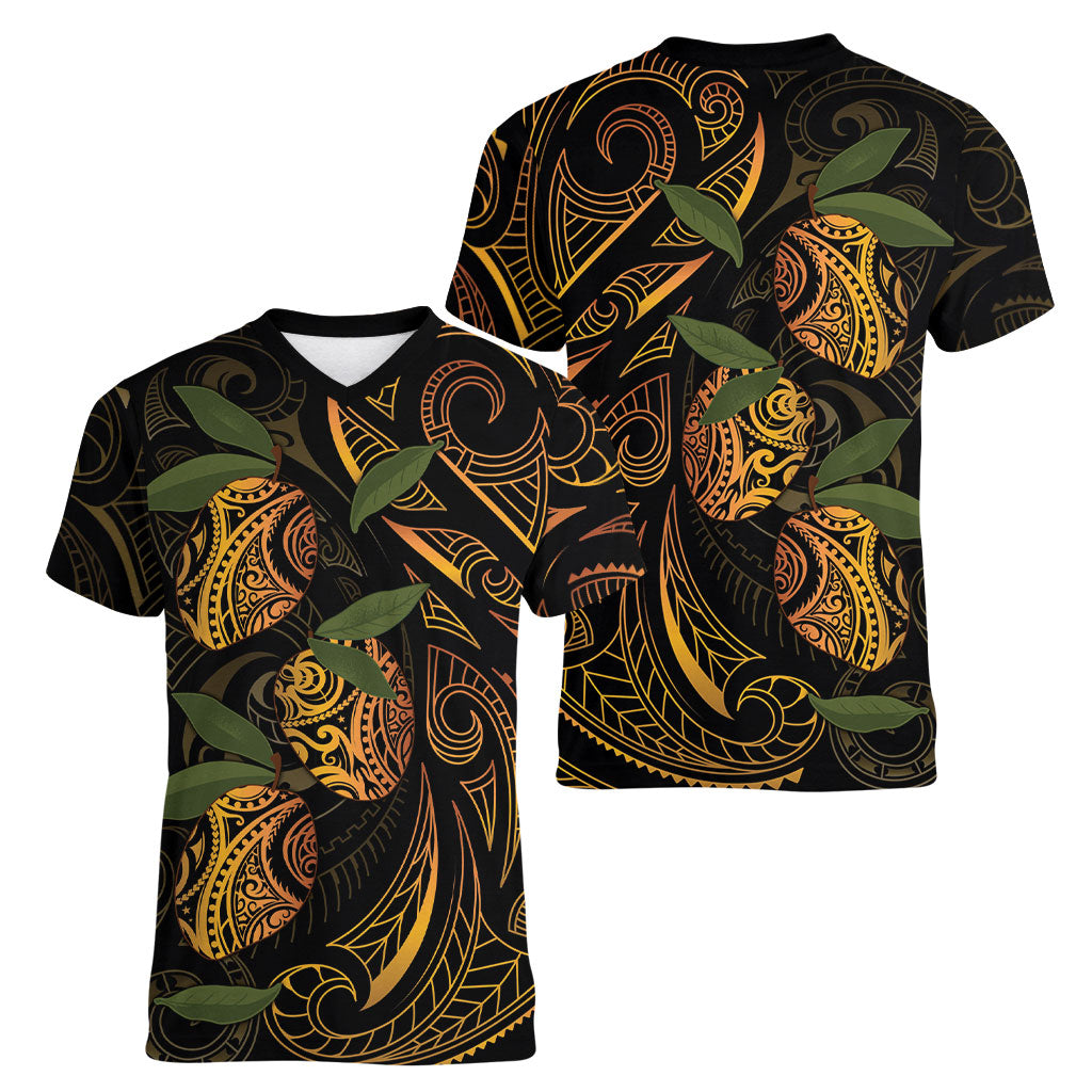 Hawaiian Mango Tribal Tattoo Women V-Neck T-Shirt Gold Pacific Traditional Pattern