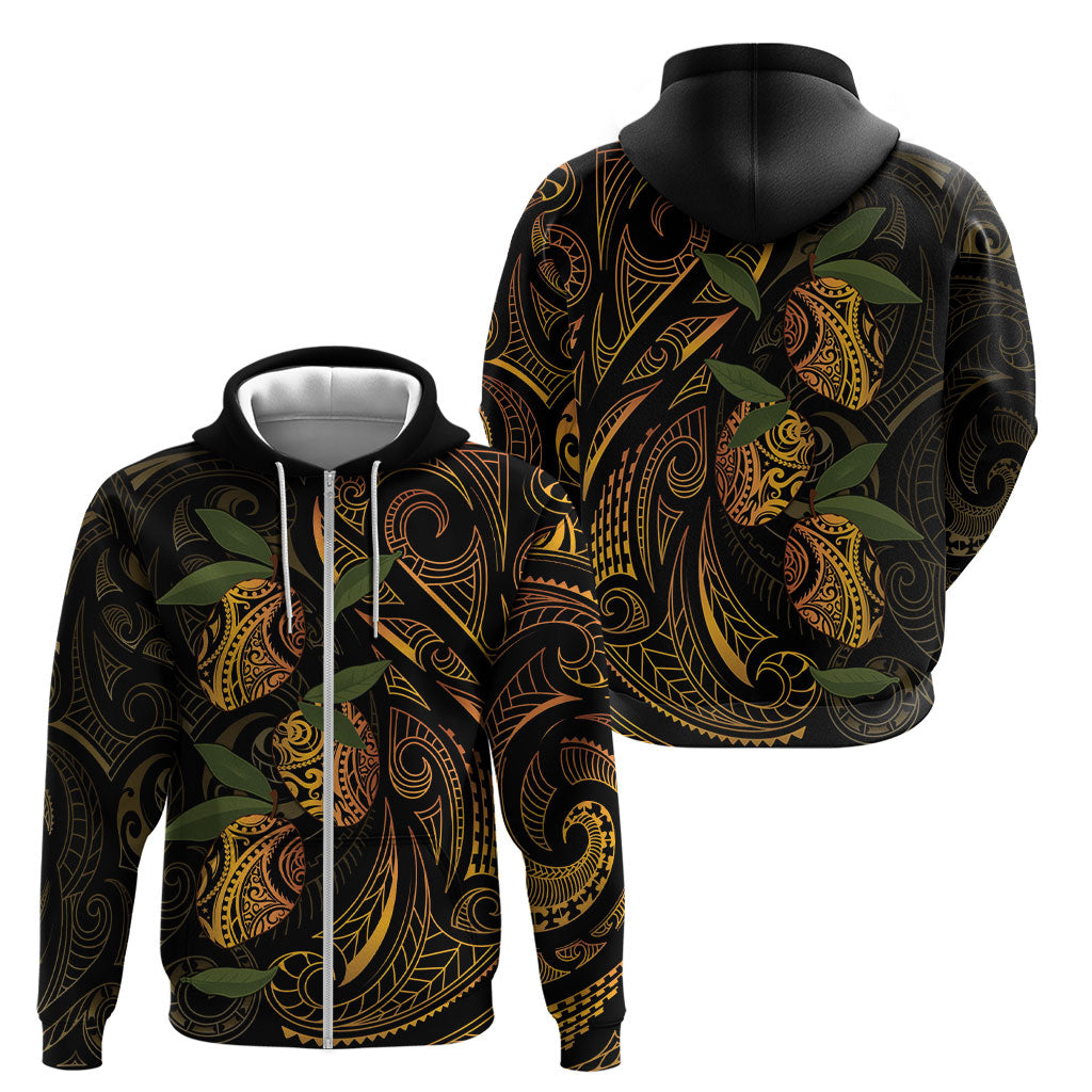 Hawaiian Mango Tribal Tattoo Zip Hoodie Gold Pacific Traditional Pattern