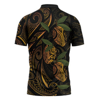 Hawaiian Mango Tribal Tattoo Zipper Polo Shirt Gold Pacific Traditional Pattern