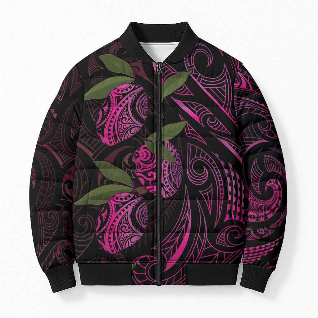 Hawaiian Mango Tribal Tattoo Bomber Puffer Jacket Pink Pacific Traditional Pattern