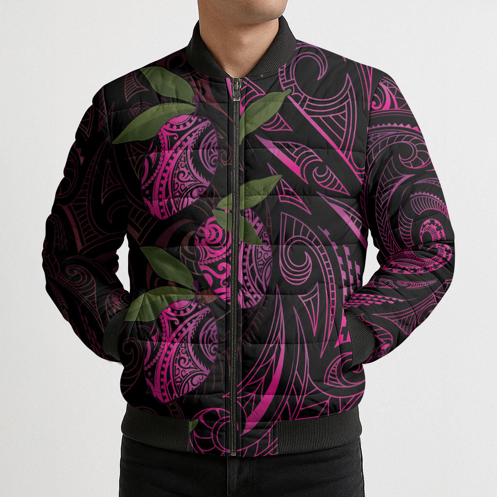 Hawaiian Mango Tribal Tattoo Bomber Puffer Jacket Pink Pacific Traditional Pattern