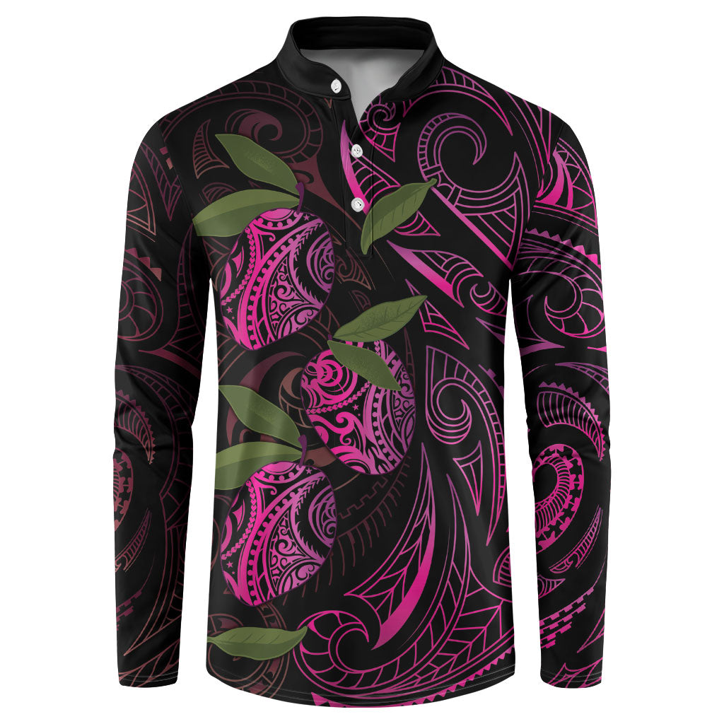Hawaiian Mango Tribal Tattoo Button Sweatshirt Pink Pacific Traditional Pattern