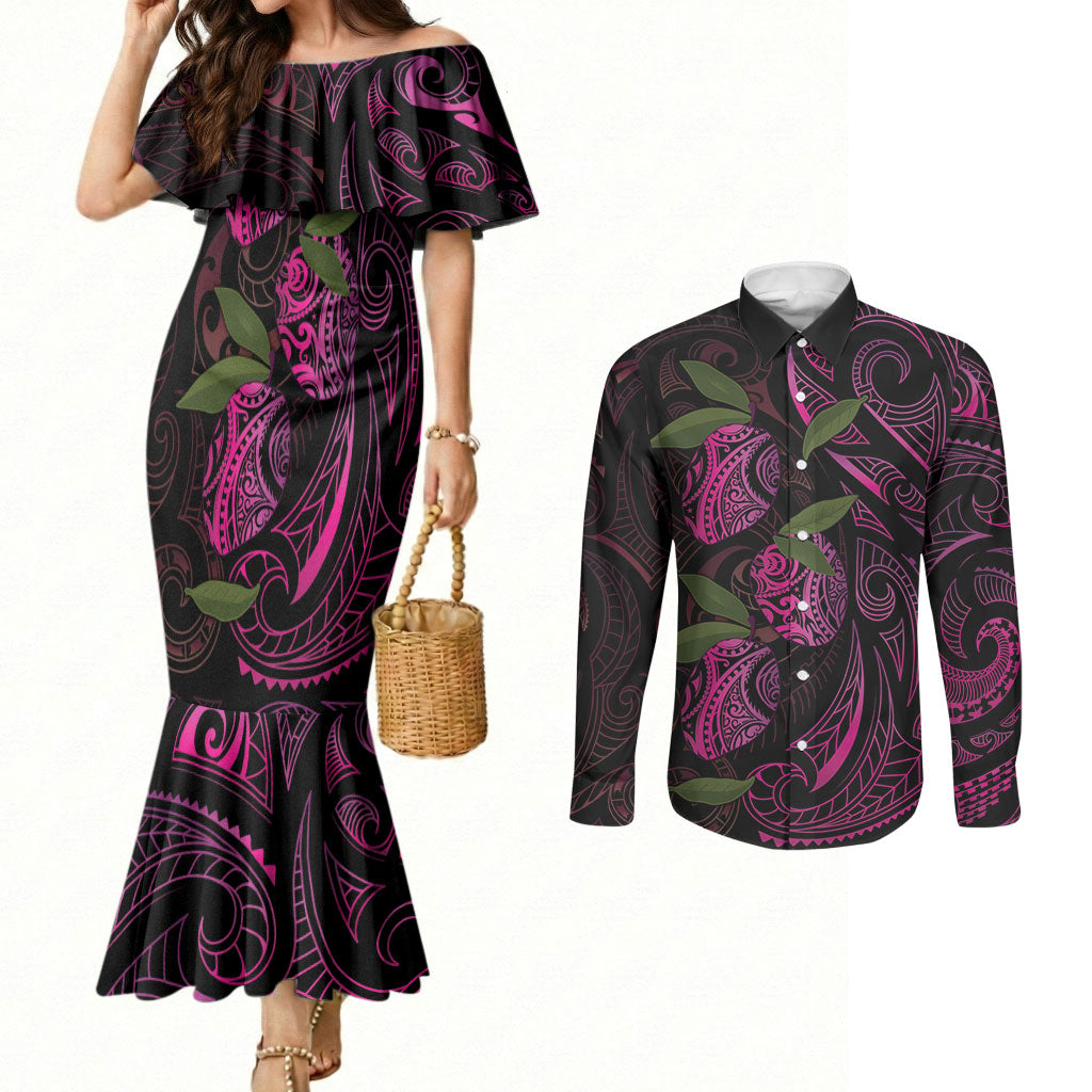 Hawaiian Mango Tribal Tattoo Couples Matching Mermaid Dress and Long Sleeve Button Shirt Pink Pacific Traditional Pattern