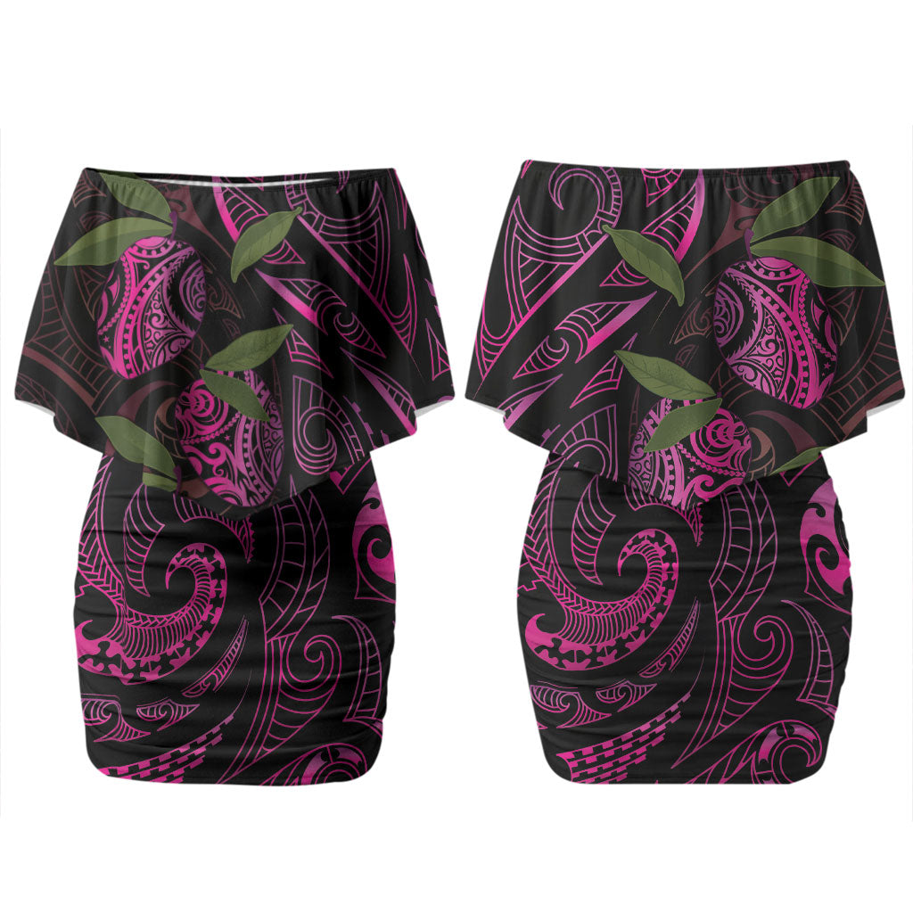 Hawaiian Mango Tribal Tattoo Couples Matching Off Shoulder Short Dress and Hawaiian Shirt Pink Pacific Traditional Pattern