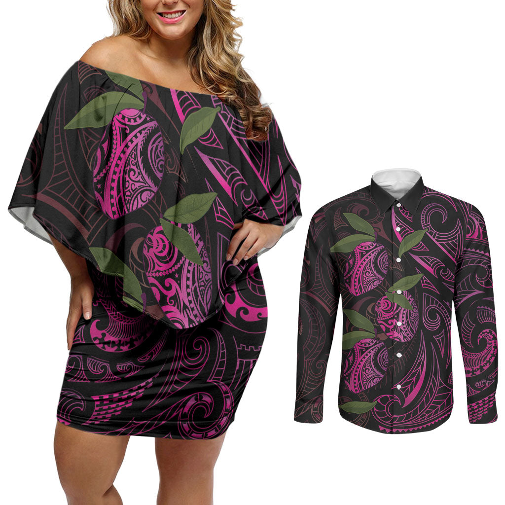 Hawaiian Mango Tribal Tattoo Couples Matching Off Shoulder Short Dress and Long Sleeve Button Shirt Pink Pacific Traditional Pattern