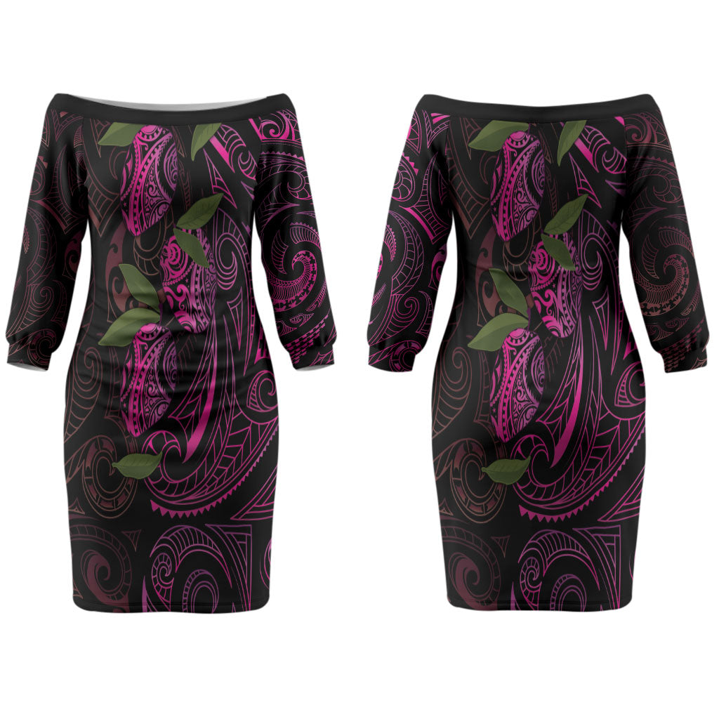 Hawaiian Mango Tribal Tattoo Couples Matching Off The Shoulder Long Sleeve Dress and Long Sleeve Button Shirt Pink Pacific Traditional Pattern