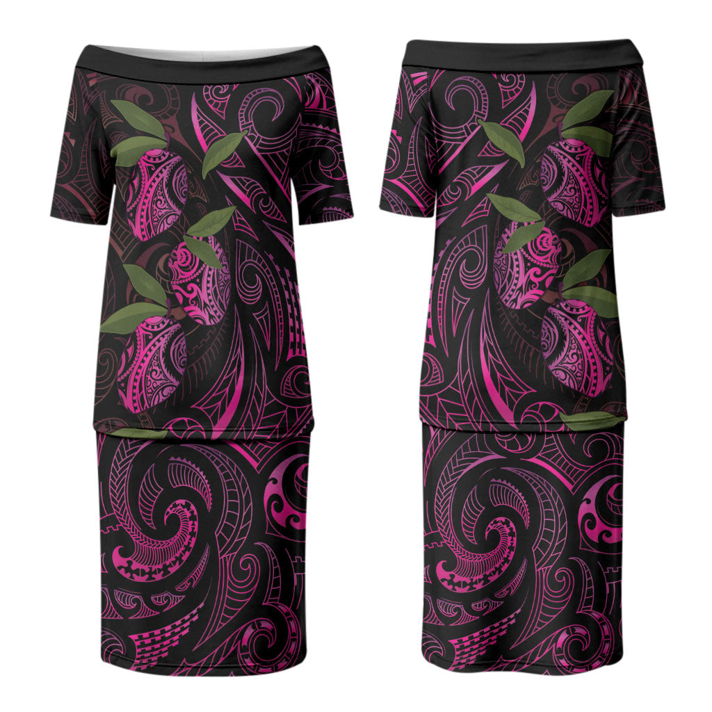 Hawaiian Mango Tribal Tattoo Couples Matching Puletasi and Long Sleeve Button Shirt Pink Pacific Traditional Pattern