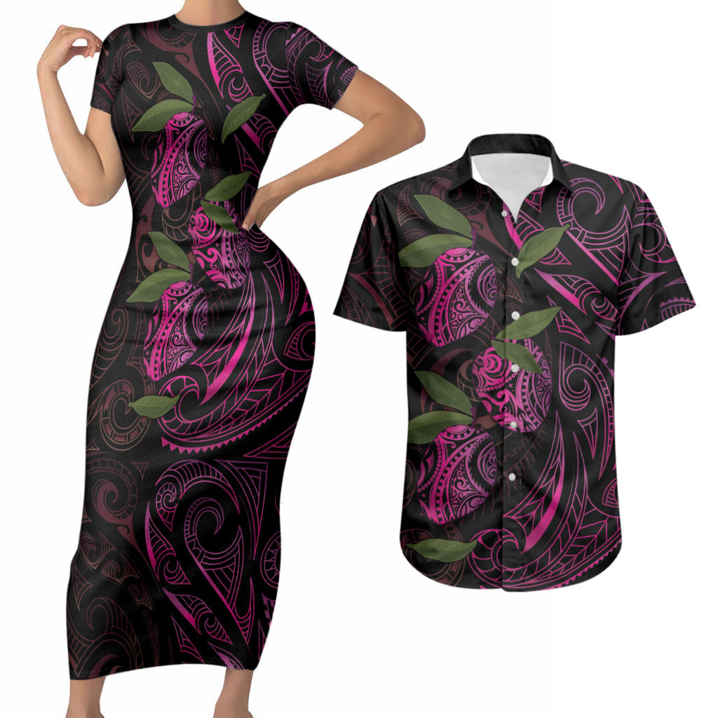 Hawaiian Mango Tribal Tattoo Couples Matching Short Sleeve Bodycon Dress and Hawaiian Shirt Pink Pacific Traditional Pattern