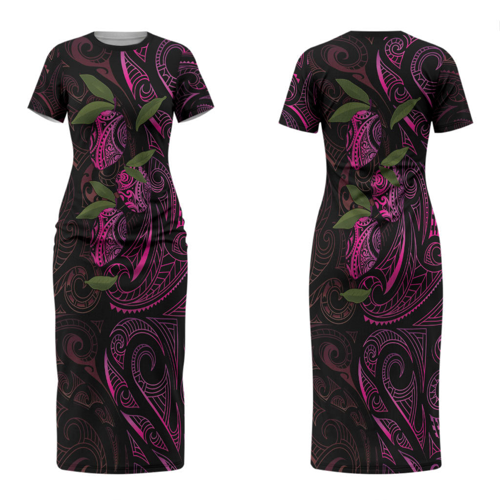 Hawaiian Mango Tribal Tattoo Couples Matching Short Sleeve Bodycon Dress and Long Sleeve Button Shirt Pink Pacific Traditional Pattern