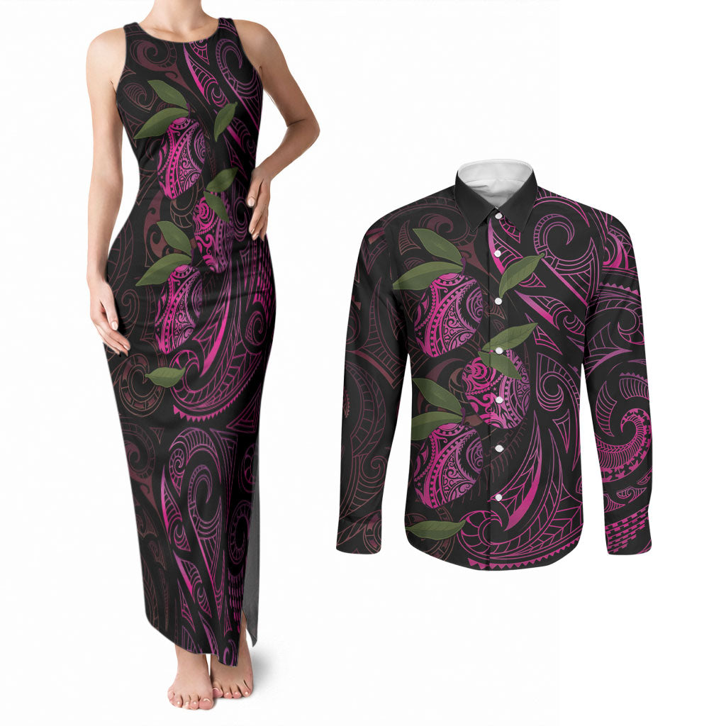 Hawaiian Mango Tribal Tattoo Couples Matching Tank Maxi Dress and Long Sleeve Button Shirt Pink Pacific Traditional Pattern