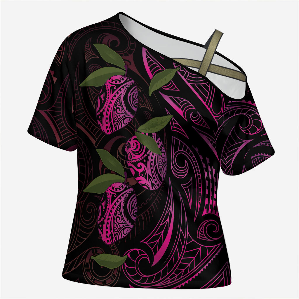 Hawaiian Mango Tribal Tattoo Cross Shoulder Shirt Pink Pacific Traditional Pattern